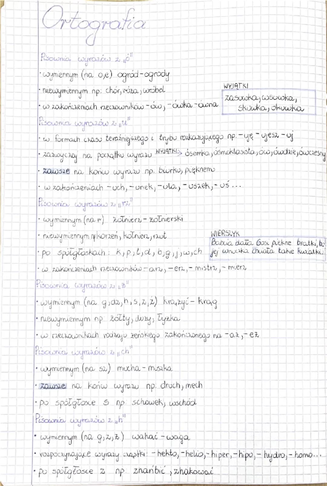 ## Ortografia
### WYJĄTKI
**Pisownia wyrazów z ó**
- wymiennym (na oje) ogród-ogrody
- niewymiennym np: chor, riza, wróbel
- Skówka, okówk