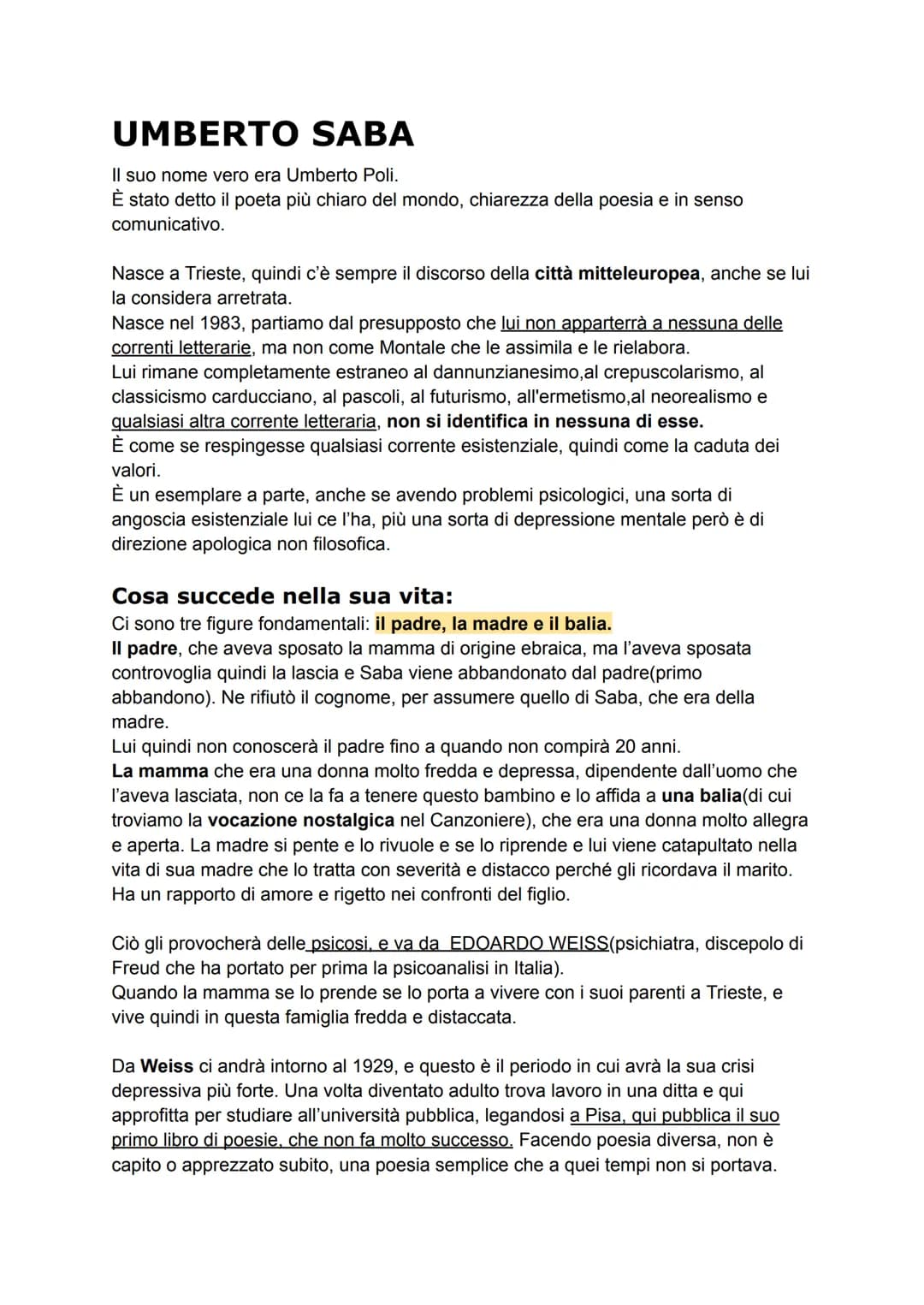 # UMBERTO SABA
Il suo nome vero era Umberto Poli.
È stato detto il poeta più chiaro del mondo, chiarezza della poesia e in senso
comunicati