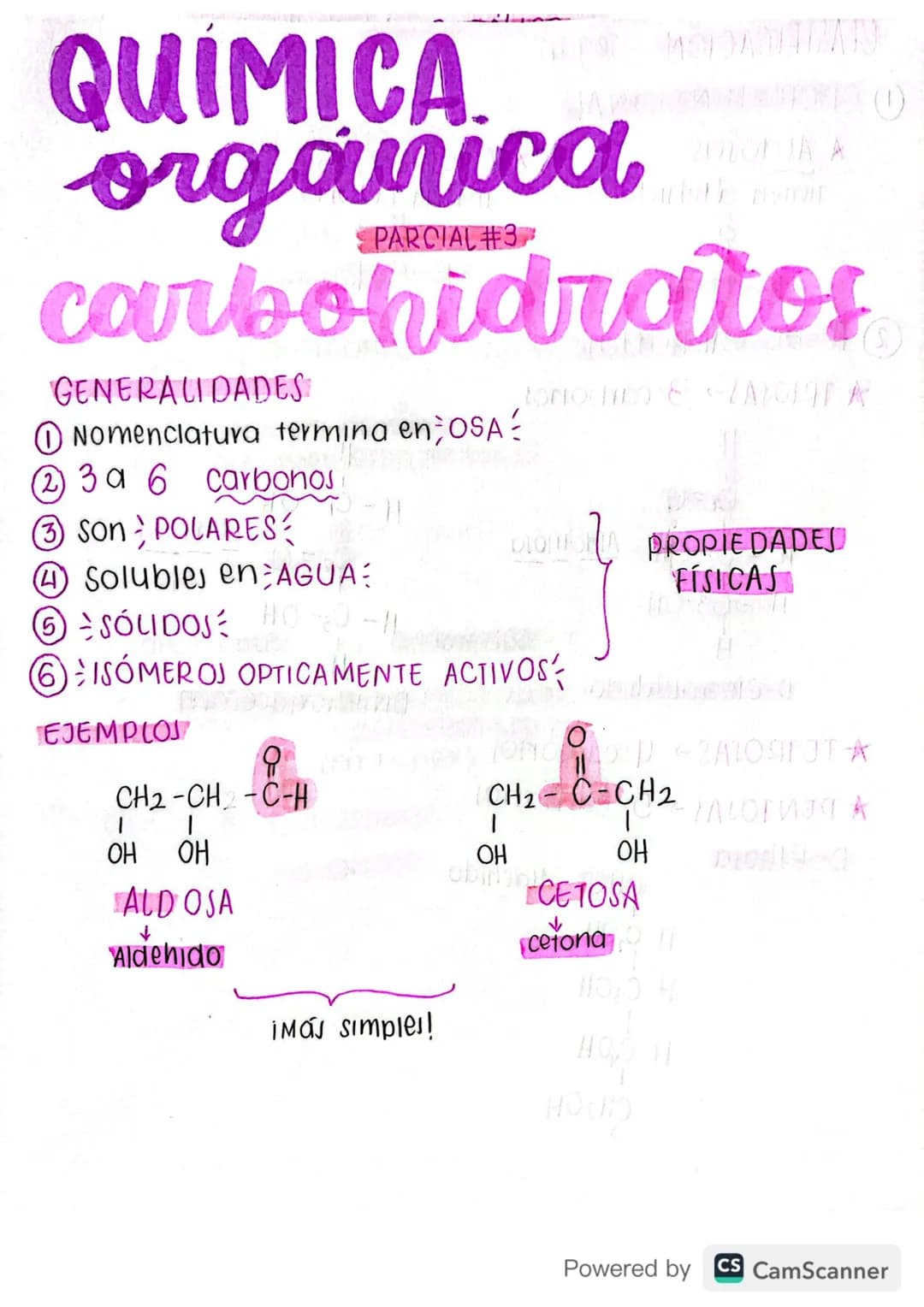 # QUÍMICA.
organica
PARCIAL #3
carbohidratos
GENERALIDADES
① Nomenclatura termina en OSA
② 3 a 6 carbonos
③ Son POLARES
4 Solubles en AGUA
⑤