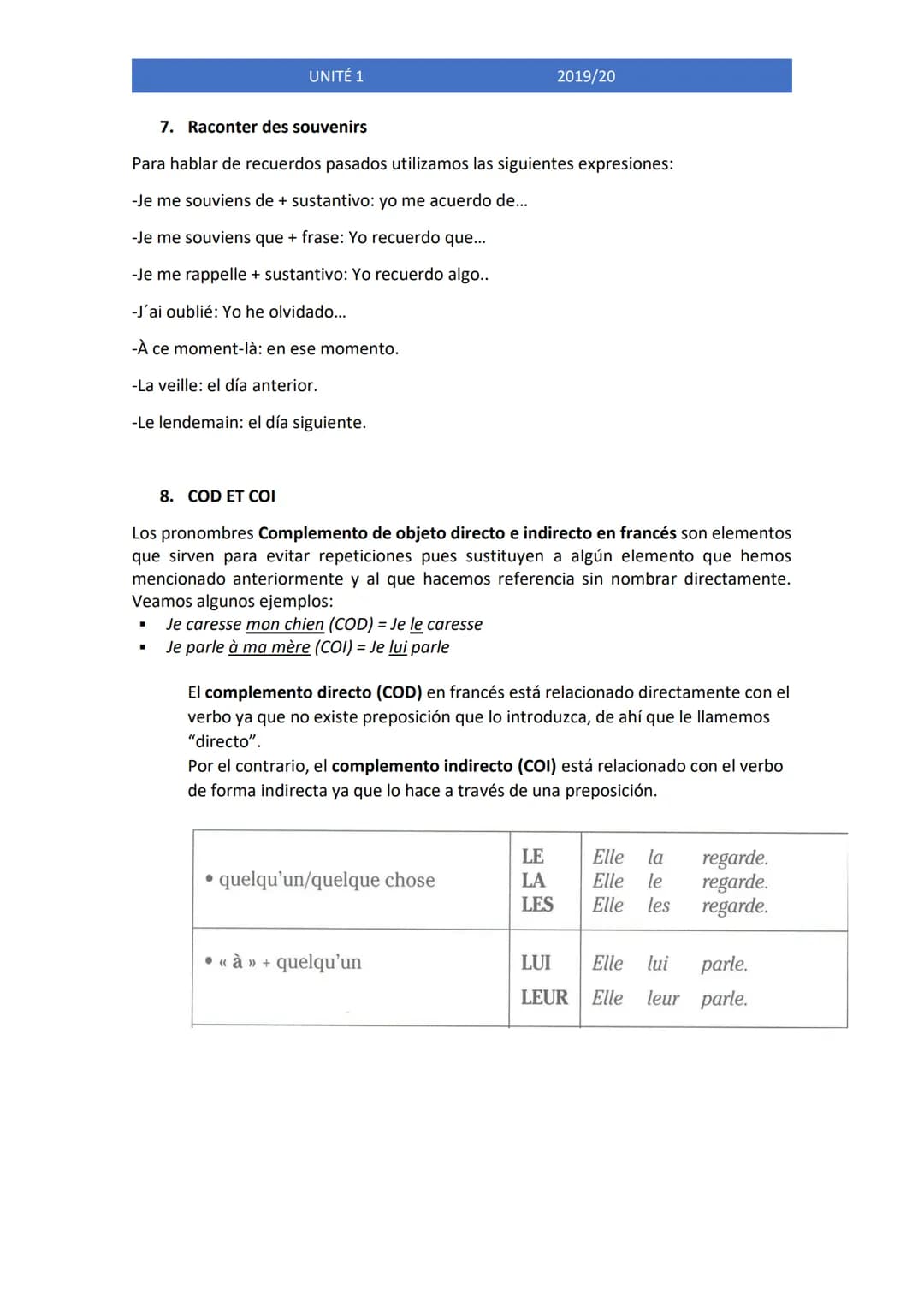 UNITÉS O ET 1 (FRANCÉS)
2019/20
UNITÉ 0: REPASO DE FRANCÉS.
Passé composé et imparfait:
Utilizamos el passé composé con el fin de contar