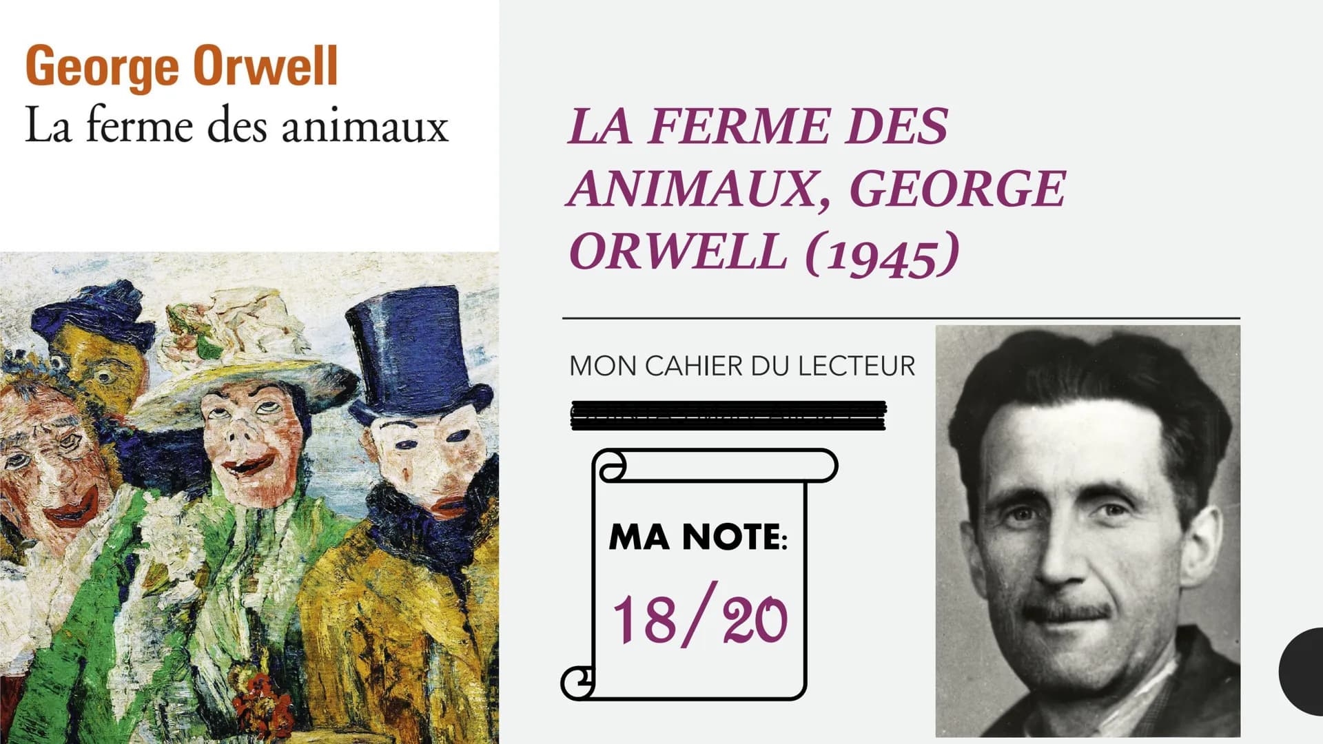 George Orwell
La ferme des animaux
LA FERME DES
ANIMAUX, GEORGE
ORWELL (1945)
MON CAHIER DU LECTEUR
MA NOTE:
18/20 # BIOGRAPHIE
de l'AUT