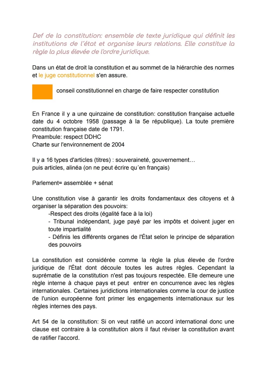 # L'Organisation du Droit :
1- La Constitution:
Il est important de savoir que l'état de droit garantie la démocratie
L'état de droit res
