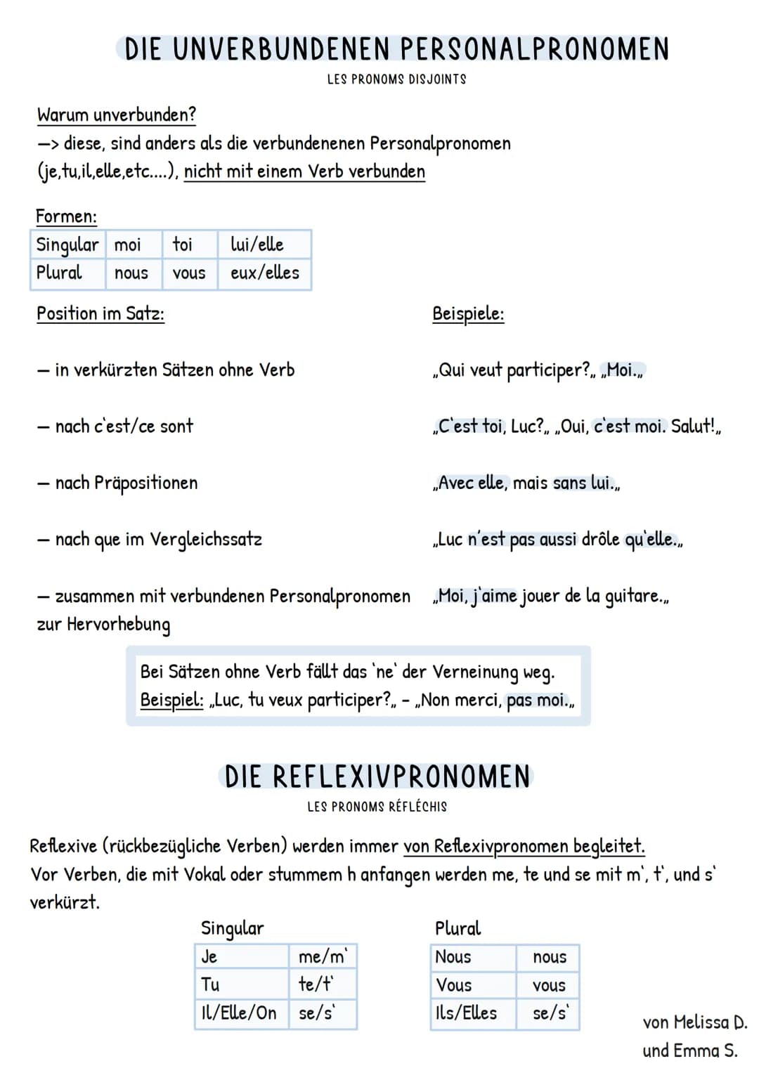 # DIE UNVERBUNDENEN PERSONALPRONΟΜΕΝ
LES PRONOMS DISJOINTS
Warum unverbunden?
-> diese, sind anders als die verbundenenen Personalpronomen