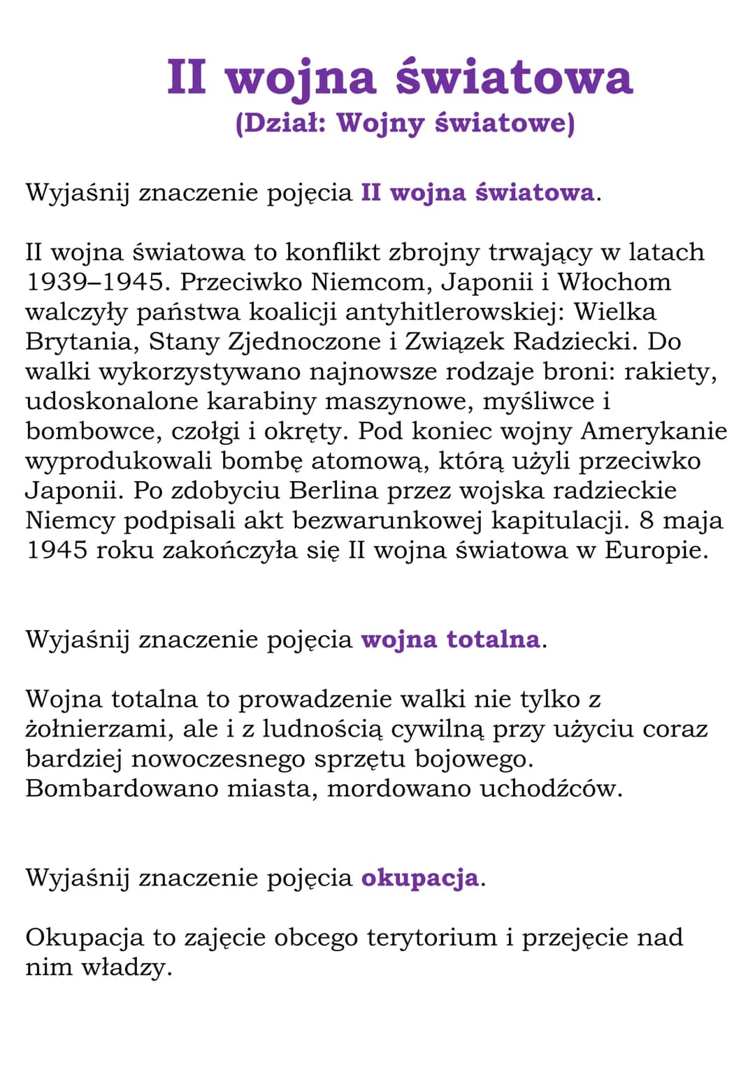 # II wojna światowa
(Dział: Wojny światowe)
Wyjaśnij znaczenie pojęcia II wojna światowa.
II wojna światowa to konflikt zbrojny trwający w