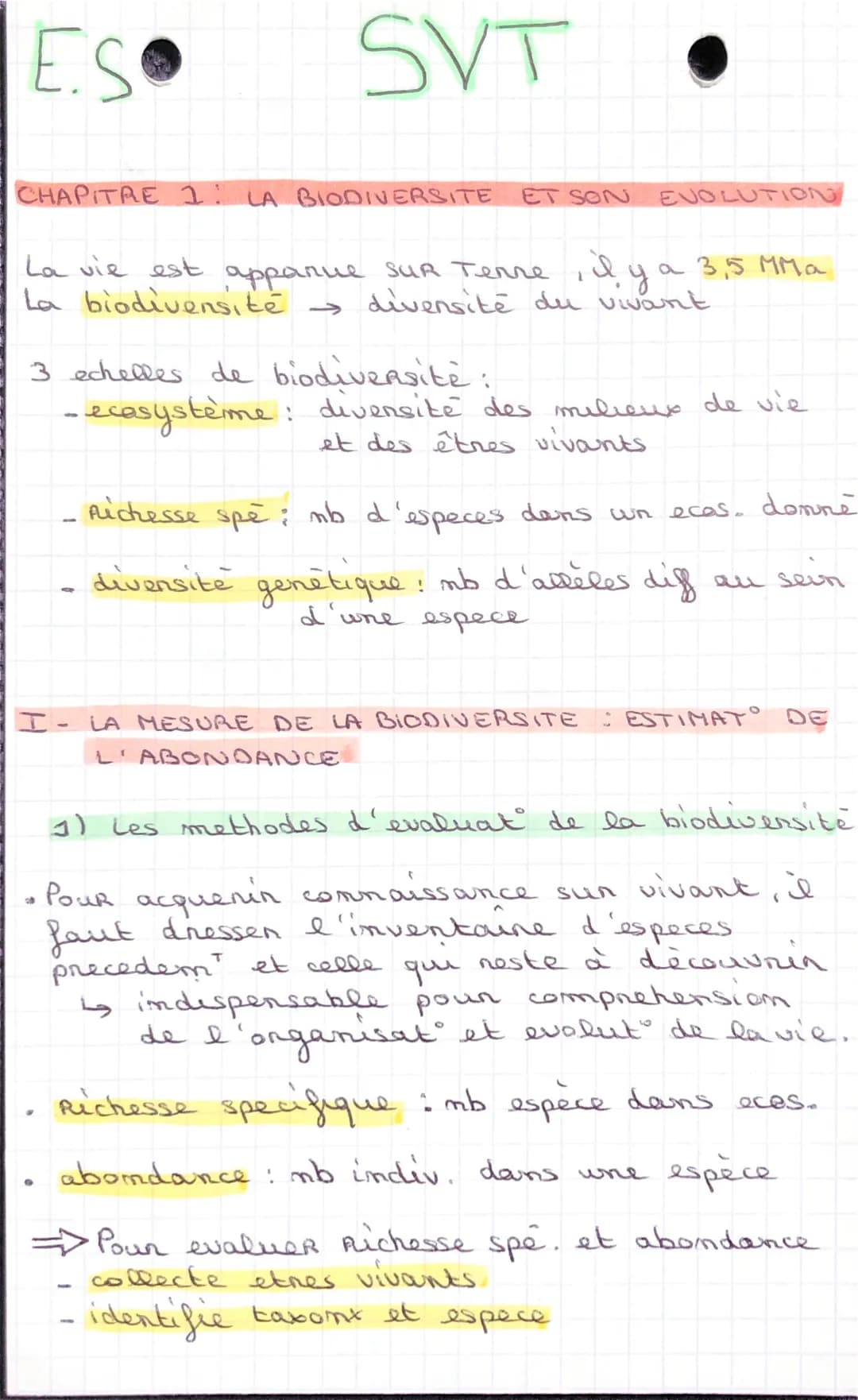 E.S
SVT
CHAPITRE 1: LA BIODIVERSITE ET SON EVOLUTION
La vie est apparue sur Tenre, il y a 3,5 MMa
La biodiversité $\leftarrow$ diversité du