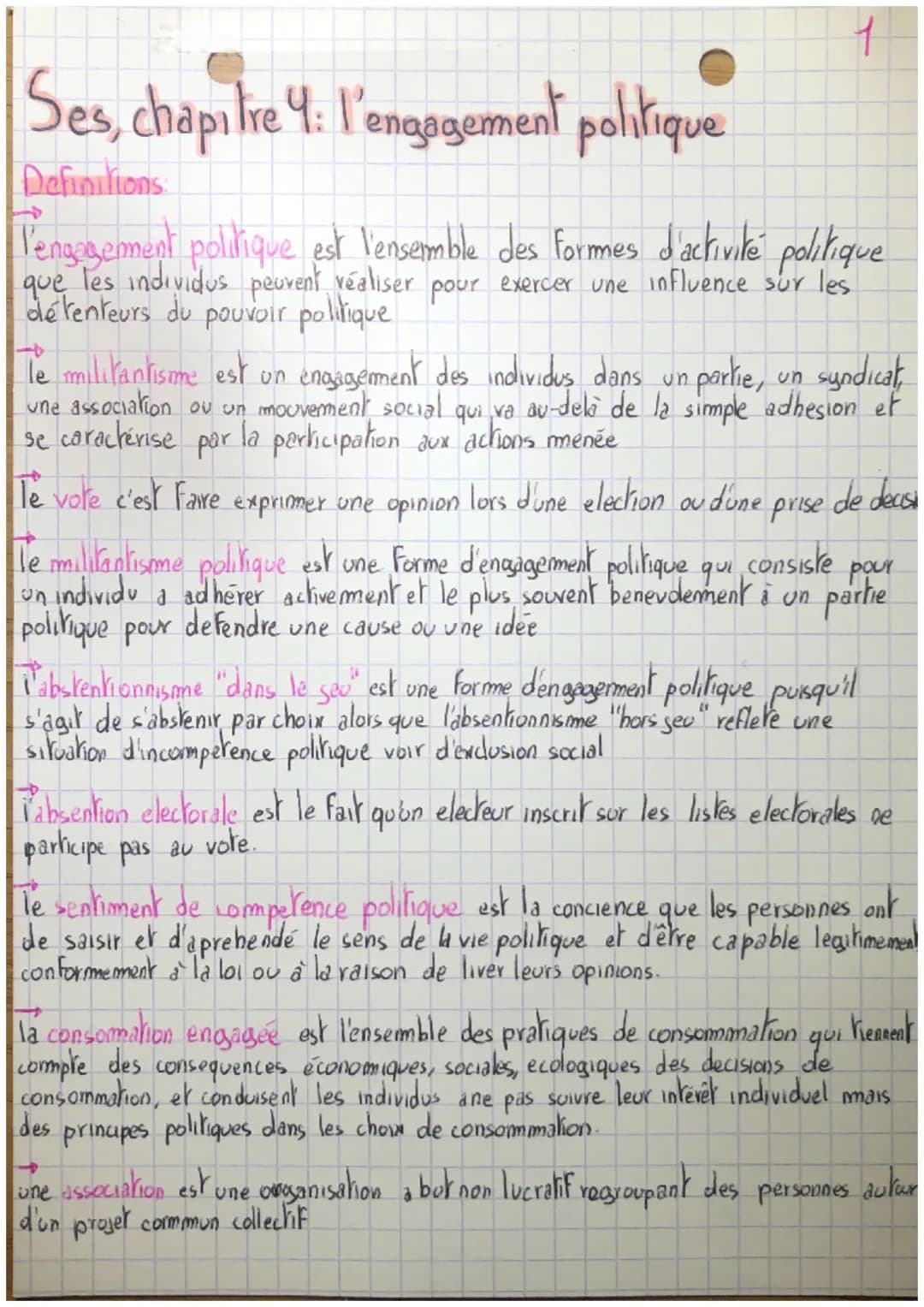 # Ses, chapitre 4: I'engagement politique
Definitions
T'engagement politique est l'ensemble des formes d'activité politique
que les indivi