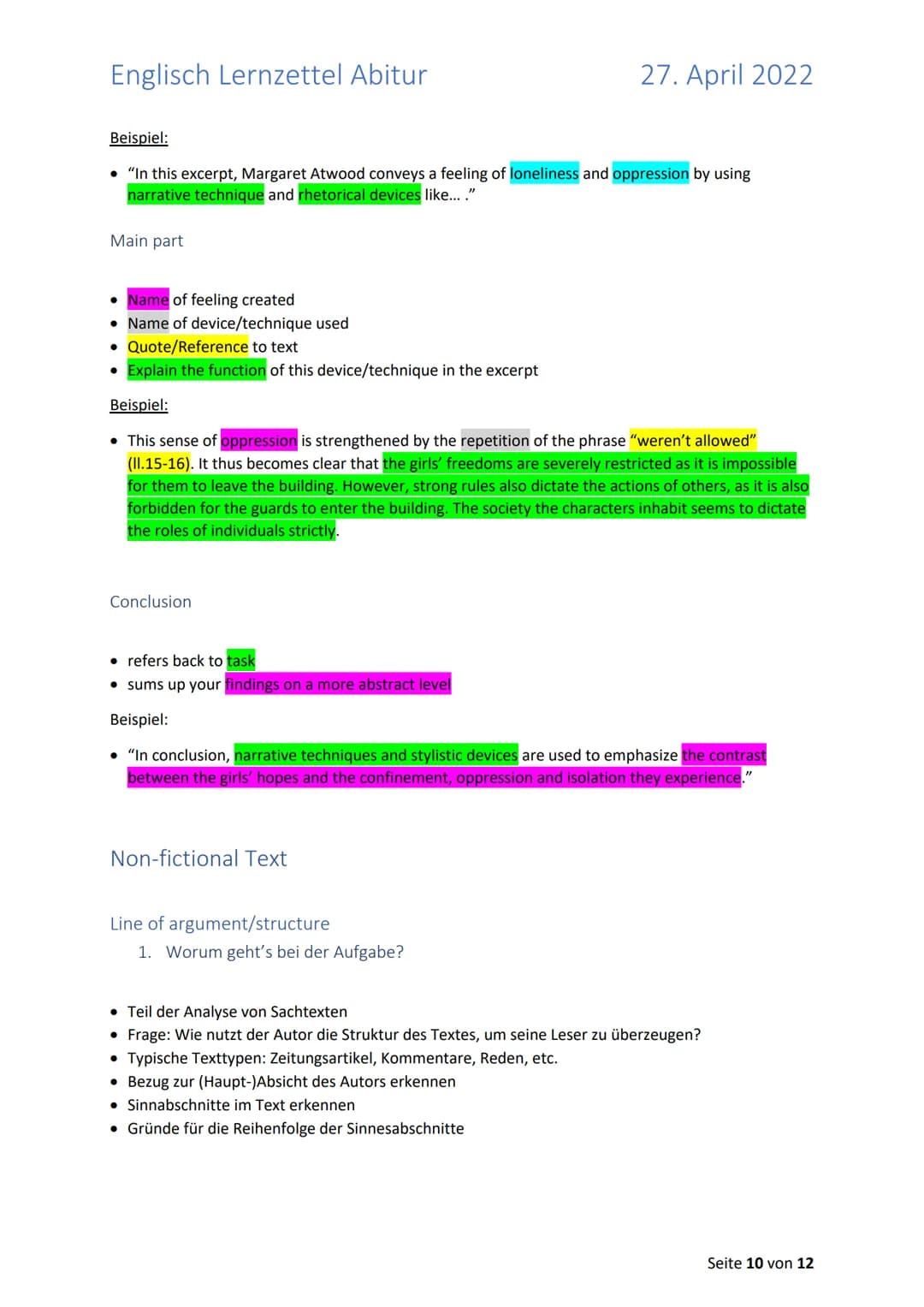 Englisch Lernzettel Abitur
27. April 2022
Inhalt
Allgemeines zum Abitur 2022 in Englisch (LK)
2
1. Aufgabenstellungen + „Operatoren"
3
1.2.