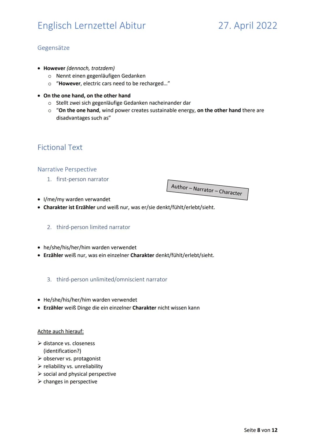 Englisch Lernzettel Abitur
27. April 2022
Inhalt
Allgemeines zum Abitur 2022 in Englisch (LK)
2
1. Aufgabenstellungen + „Operatoren"
3
1.2.