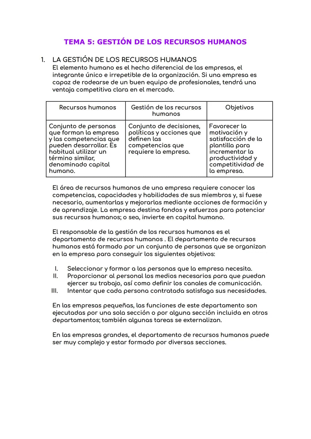 # TEMA 5: GESTIÓN DE LOS RECURSOS HUMANOS
1. LA GESTIÓN DE LOS RECURSOS HUMANOS
El elemento humano es el hecho diferencial de las empre
