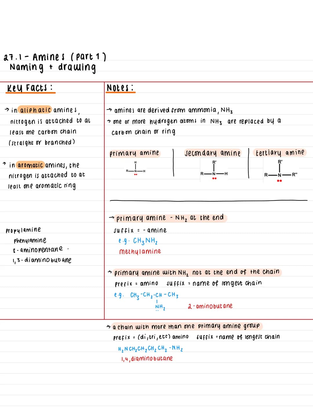 # 27.1-Amines (part 1)
Naming + drawing
Key Facts:
- → in aliphatic amines,
nitrogen is attached to al
least one carbon chain
(straight or