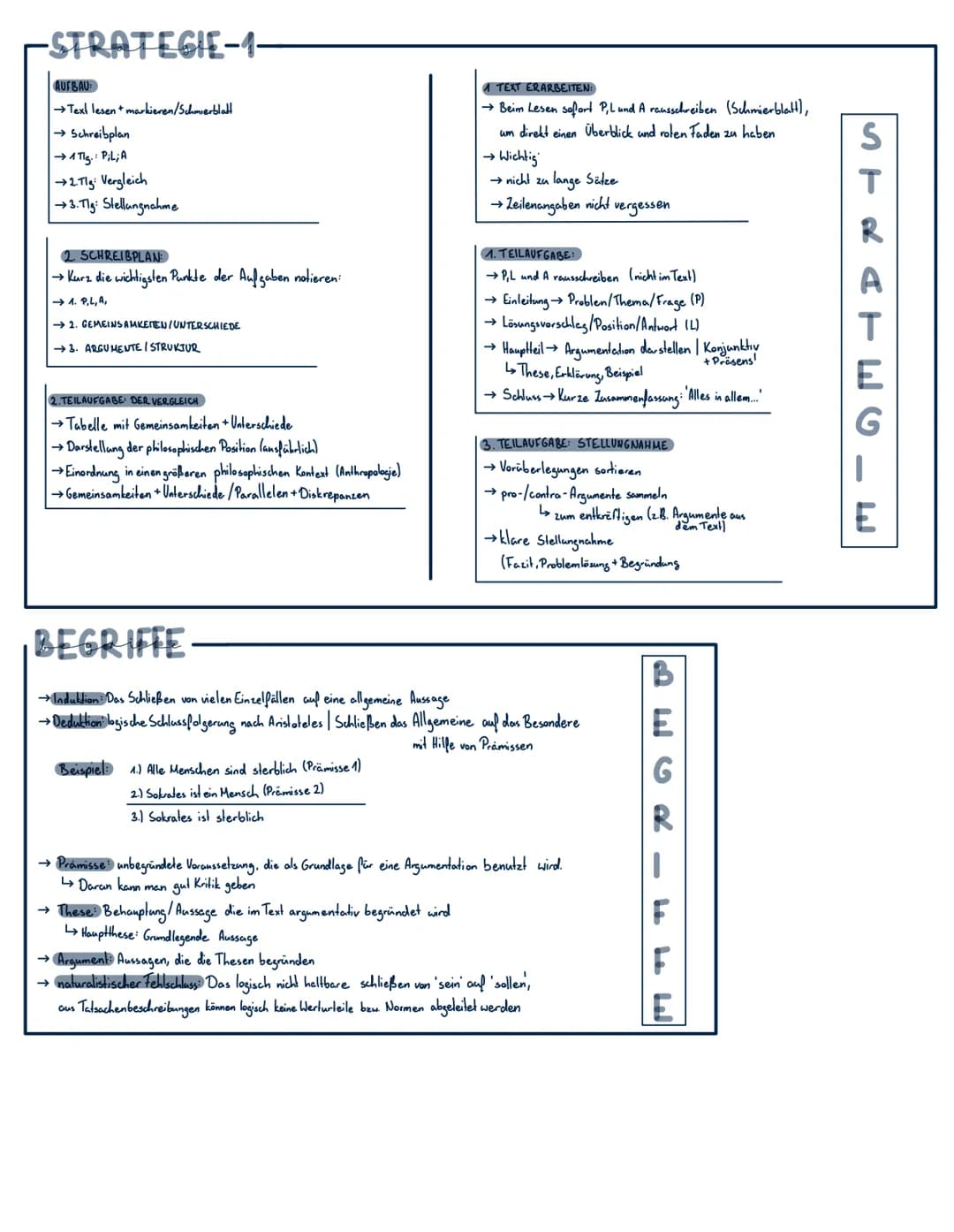# STRATEGIF
-STRATEGIE-1-
AUFBAU
→Text lesen markieren/Schmierblatt
→ Schreibplan
→1 Tlg. PiL; A
→2TIg: Vergleich
→3. Tig: Stellungna
