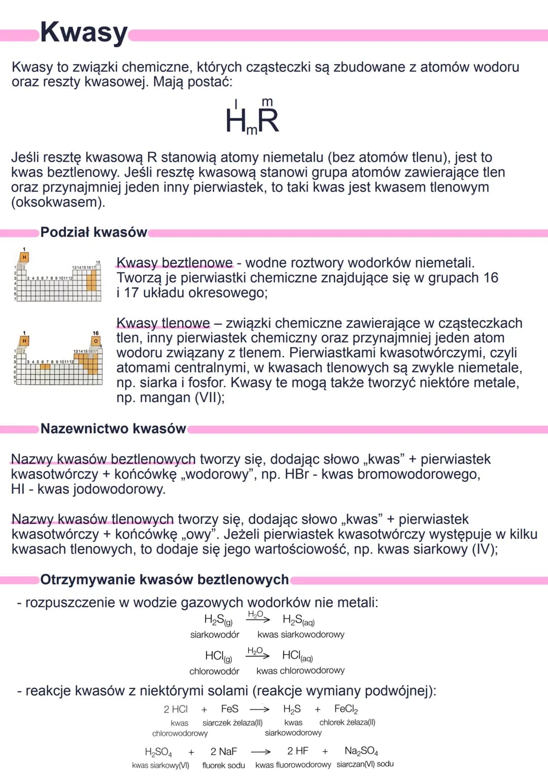 # Kwasy
Kwasy to związki chemiczne, których cząsteczki są zbudowane z atomów wodoru
oraz reszty kwasowej. Mają postać:
$H_n R^m$
Jeśli re