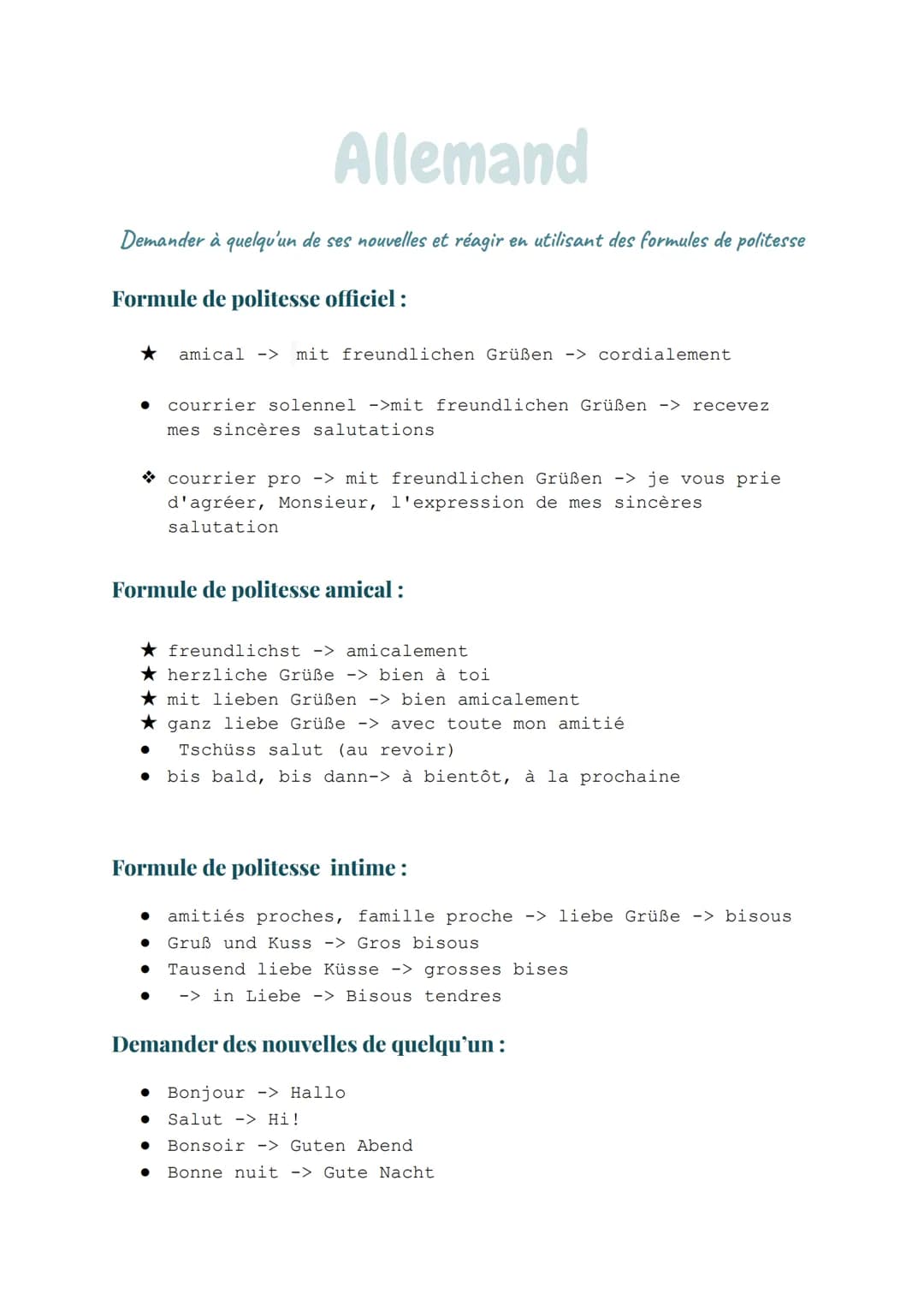 # Allemand
Demander à quelqu'un de ses nouvelles et réagir en utilisant des formules de politesse
Formule de politesse officiel:
★ amical