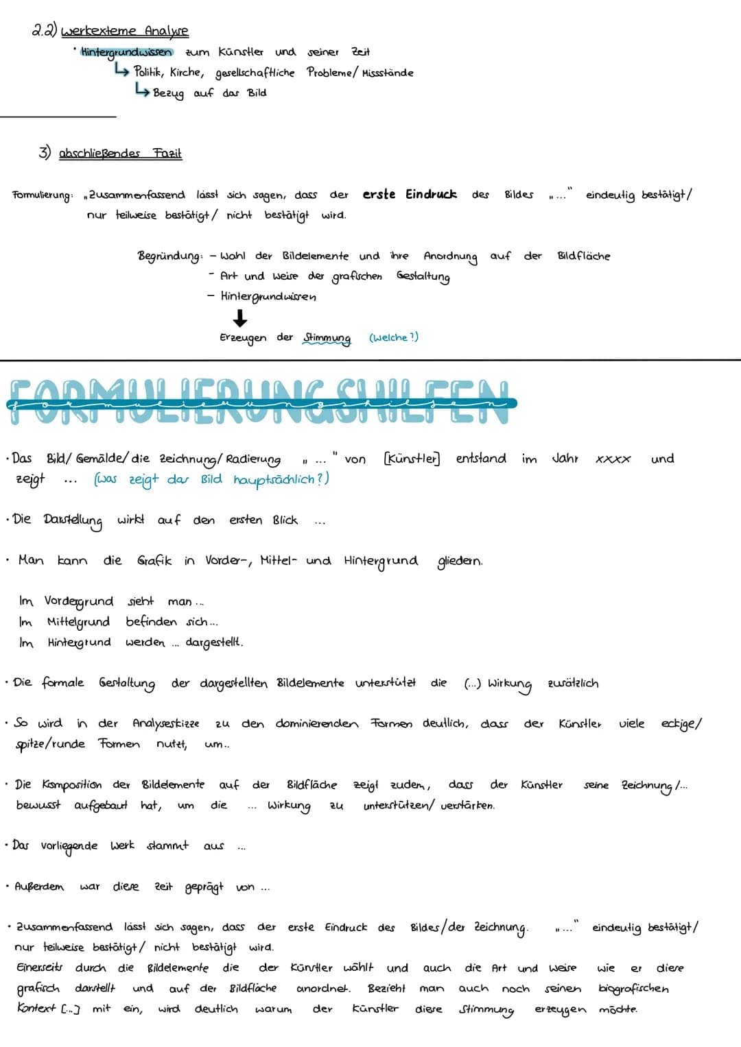 # KUNST
1) Bildbeschreibung
Einleitung
* Künstler, Titel, Entstehungsjahr, Format, Technik, Gattung
Hypothese
* Ersteindruck fo