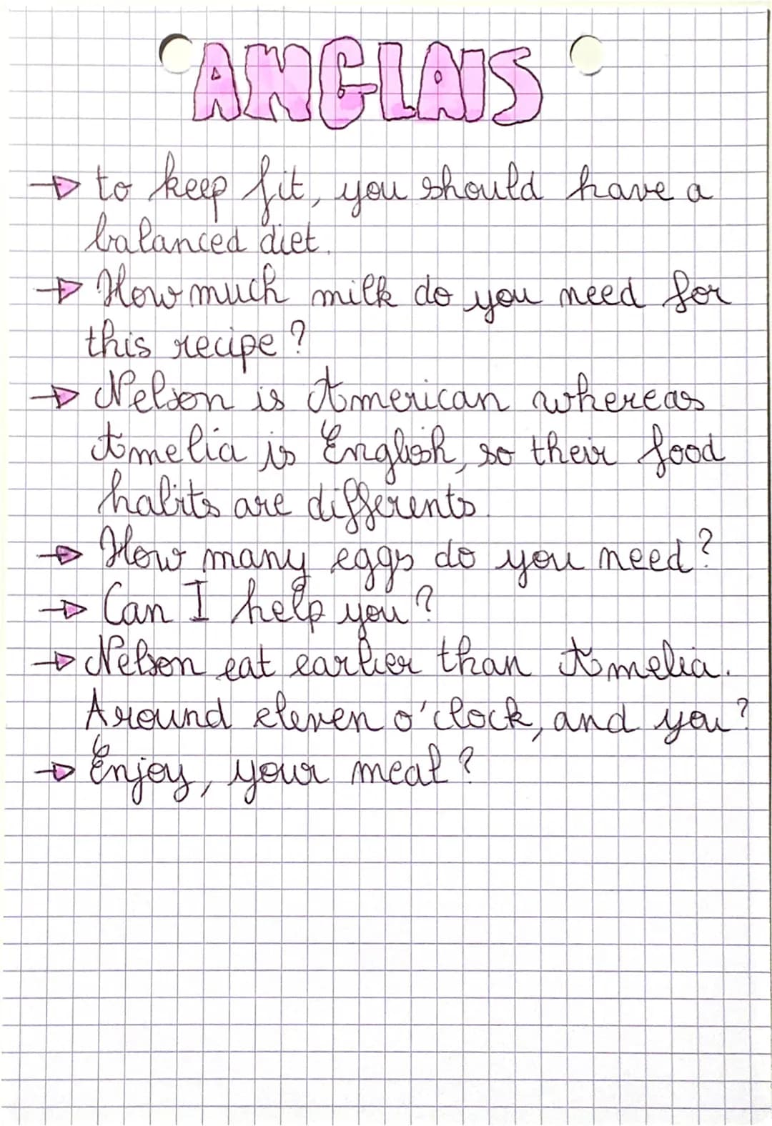 # ANGLAIS
→ to keep fit, you should have a
balanced diet
→ How much milk do you need for
this recipe?
→ Nelson is American whereas
Amelia