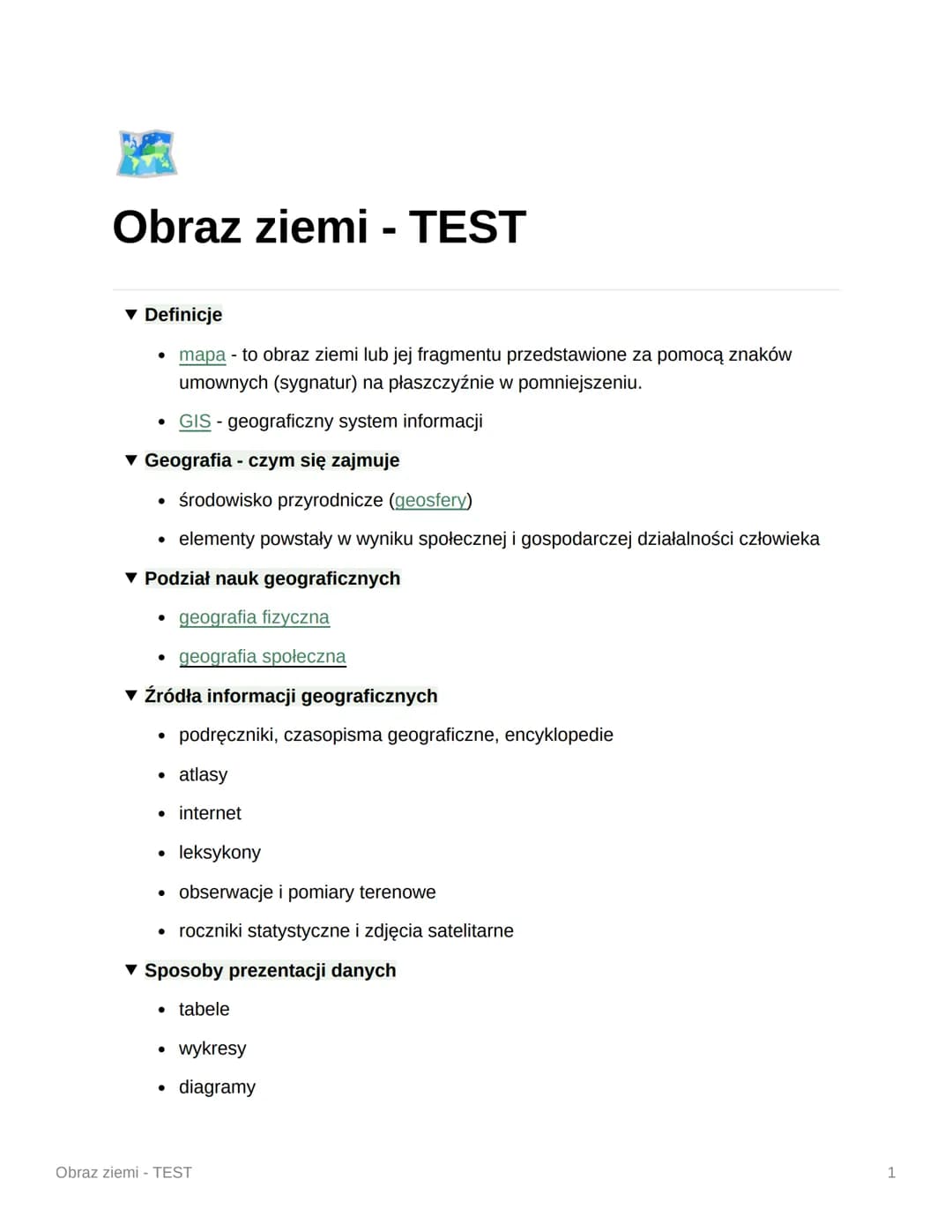 # Obraz ziemi - TEST
▾ Definicje
* mapa - to obraz ziemi lub jej fragmentu przedstawione za pomocą znaków
umownych (sygnatur) na pła