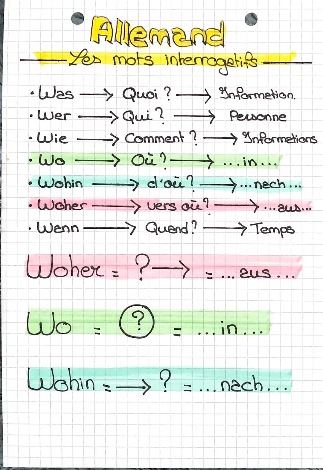 # Allemand
-Les mots interrogatifs
* Was $\longrightarrow$ Quoi ? $\longrightarrow$ Information.
* Wer $\longrightarrow$ Qui? $\longri