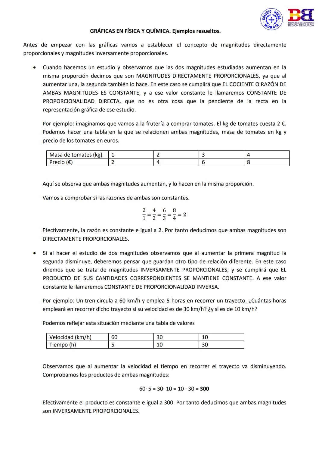 # GRÁFICAS EN FÍSICA Y QUÍMICA. Ejemplos resueltos.
Antes de empezar con las gráficas vamos a establecer el concepto de magnitudes directam