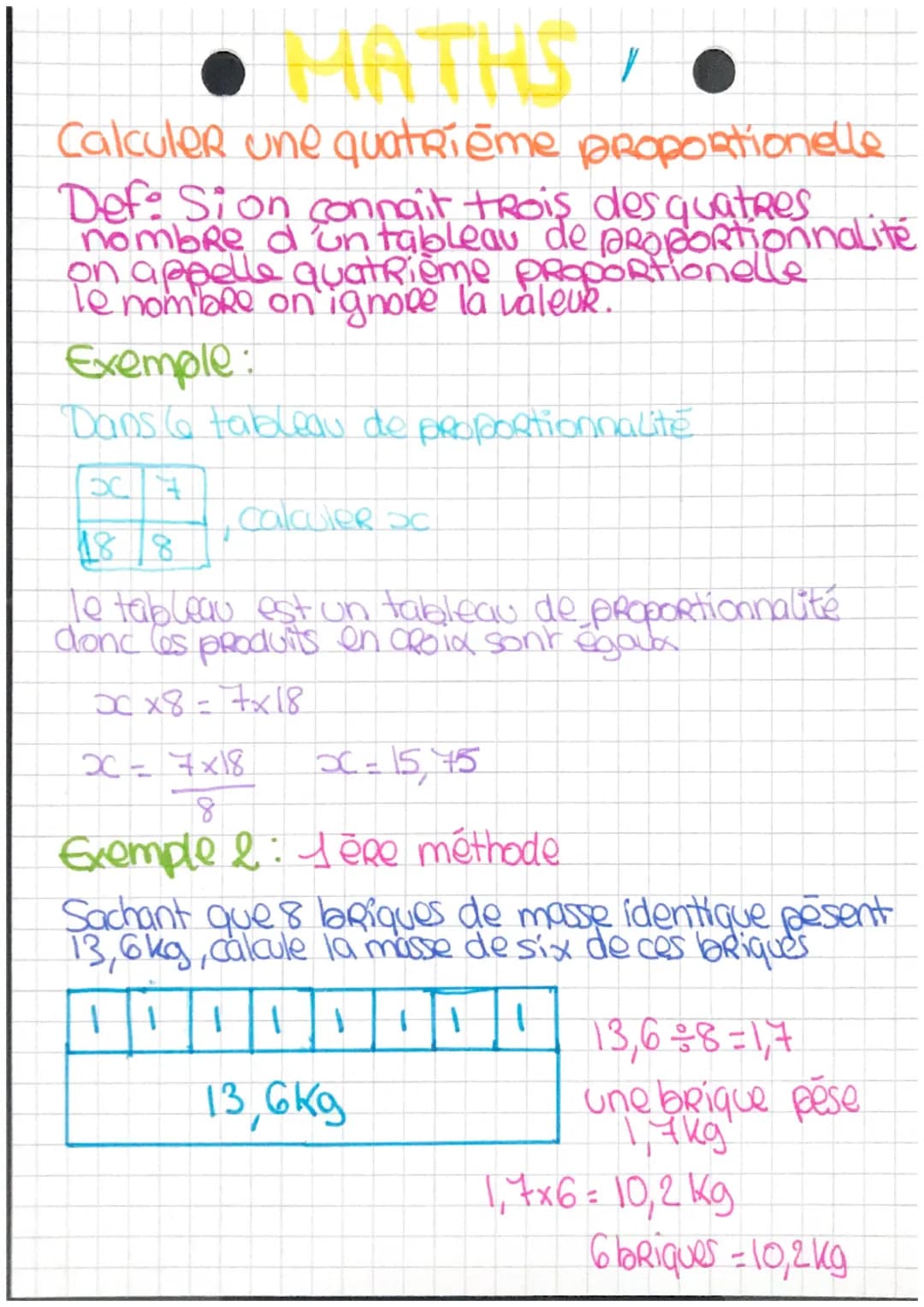 MATHS, •
Calculer une quatrième proportionelle
Def: Sion connait trois des quatres
nombre d'un tableau de proportionnalité
on appelle quat