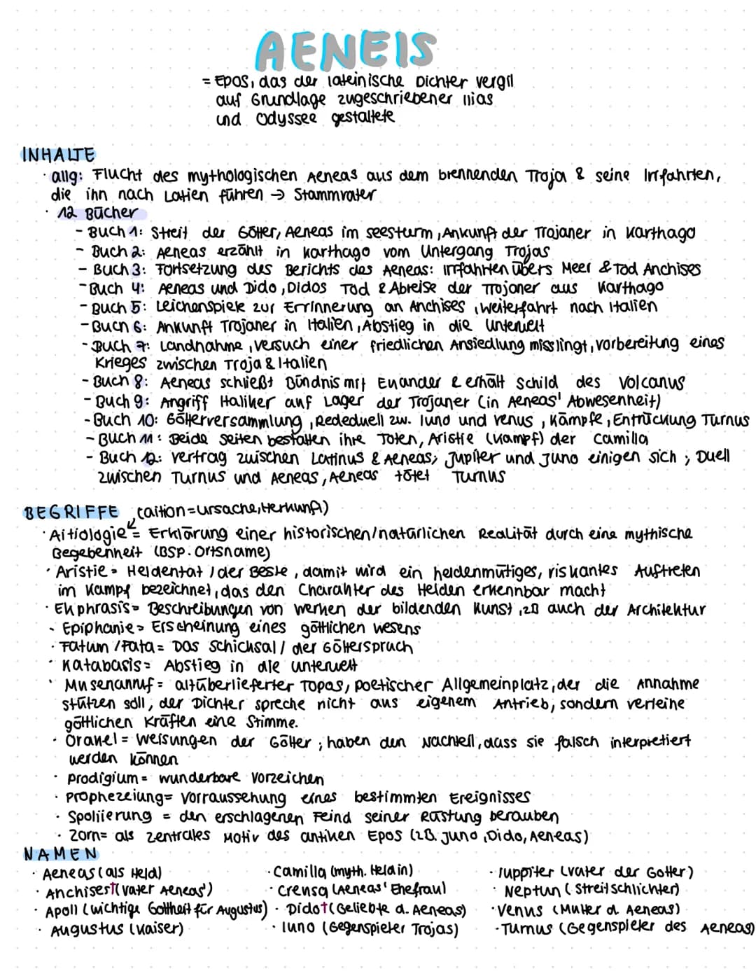 # AENEIS
= Epos, das der lateinische Dichter vergil
auf Grundlage zugeschriebener ilias
und Odyssee gestaltete
INHALTE
allg: Flucht des myt