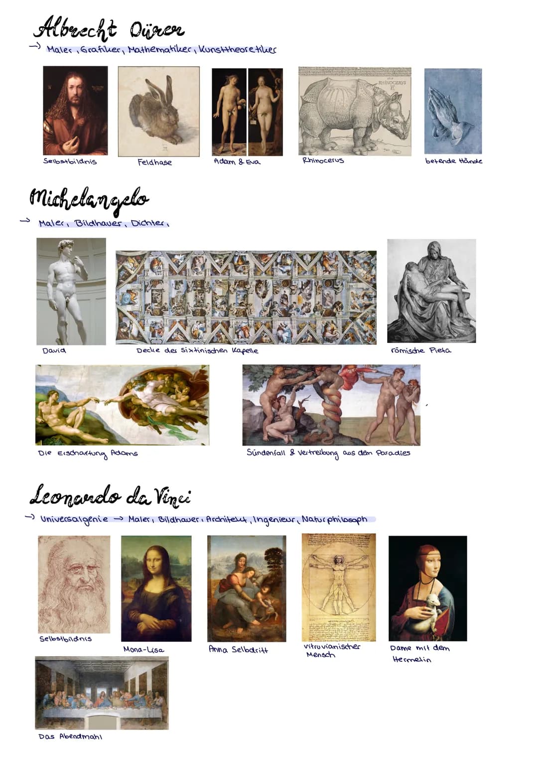 # 1500-1600 Renaissance
## Allgemein
→ franz. Renaissance = Wiedergeburt der Antike
→ begann bereits 1420 in Italien Malerei was noch eng