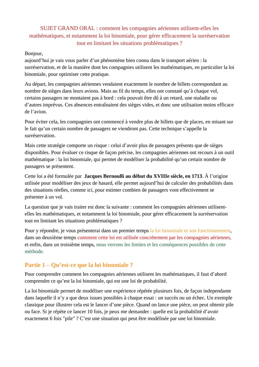 SUJET GRAND ORAL: comment les compagnies aériennes utilisent-elles les
mathématiques, et notamment la loi binomiale, pour gérer efficacement