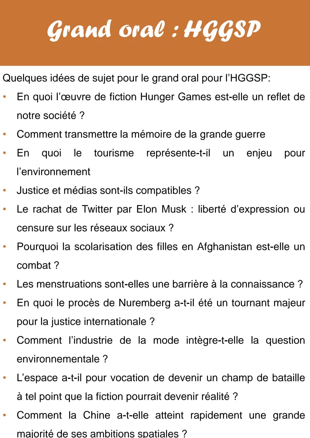 # Grand oral: HGGSP
Quelques idées de sujet pour le grand oral pour I'HGGSP:
- En quoi l'œuvre de fiction Hunger Games est-elle un reflet