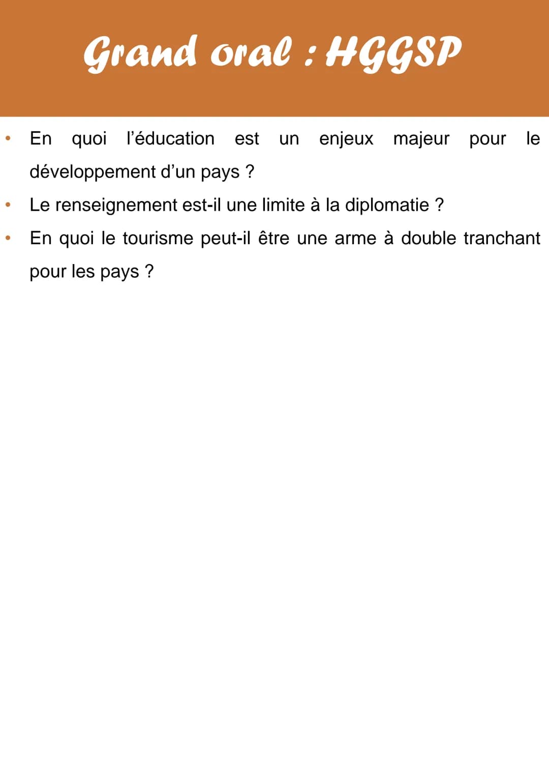 # Grand oral: HGGSP
Quelques idées de sujet pour le grand oral pour I'HGGSP:
- En quoi l'œuvre de fiction Hunger Games est-elle un reflet