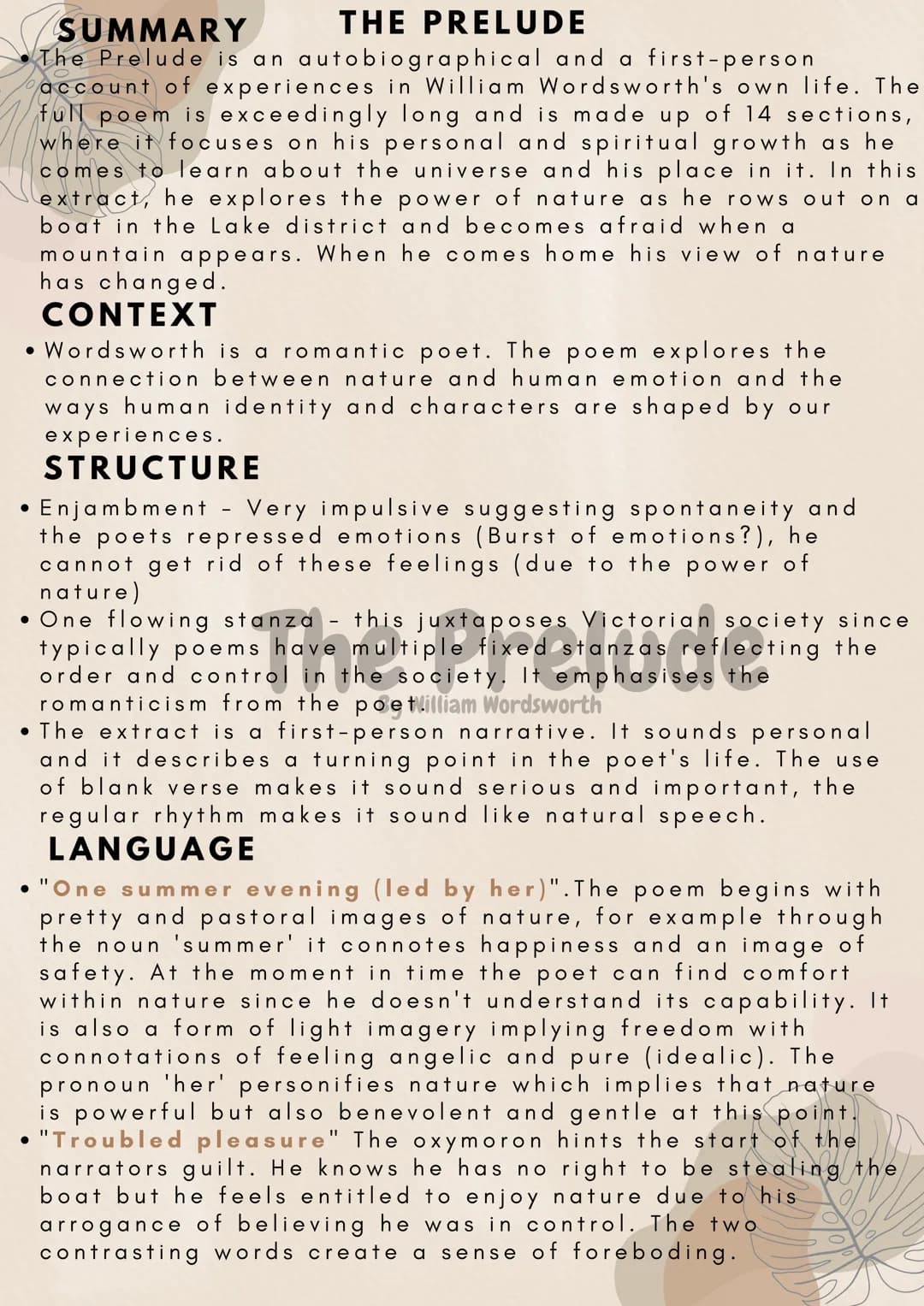 # SUMMARY THE PRELUDE
The Prelude is an autobiographical and a first-person
account of experiences in William Wordsworth's own life. The
fu