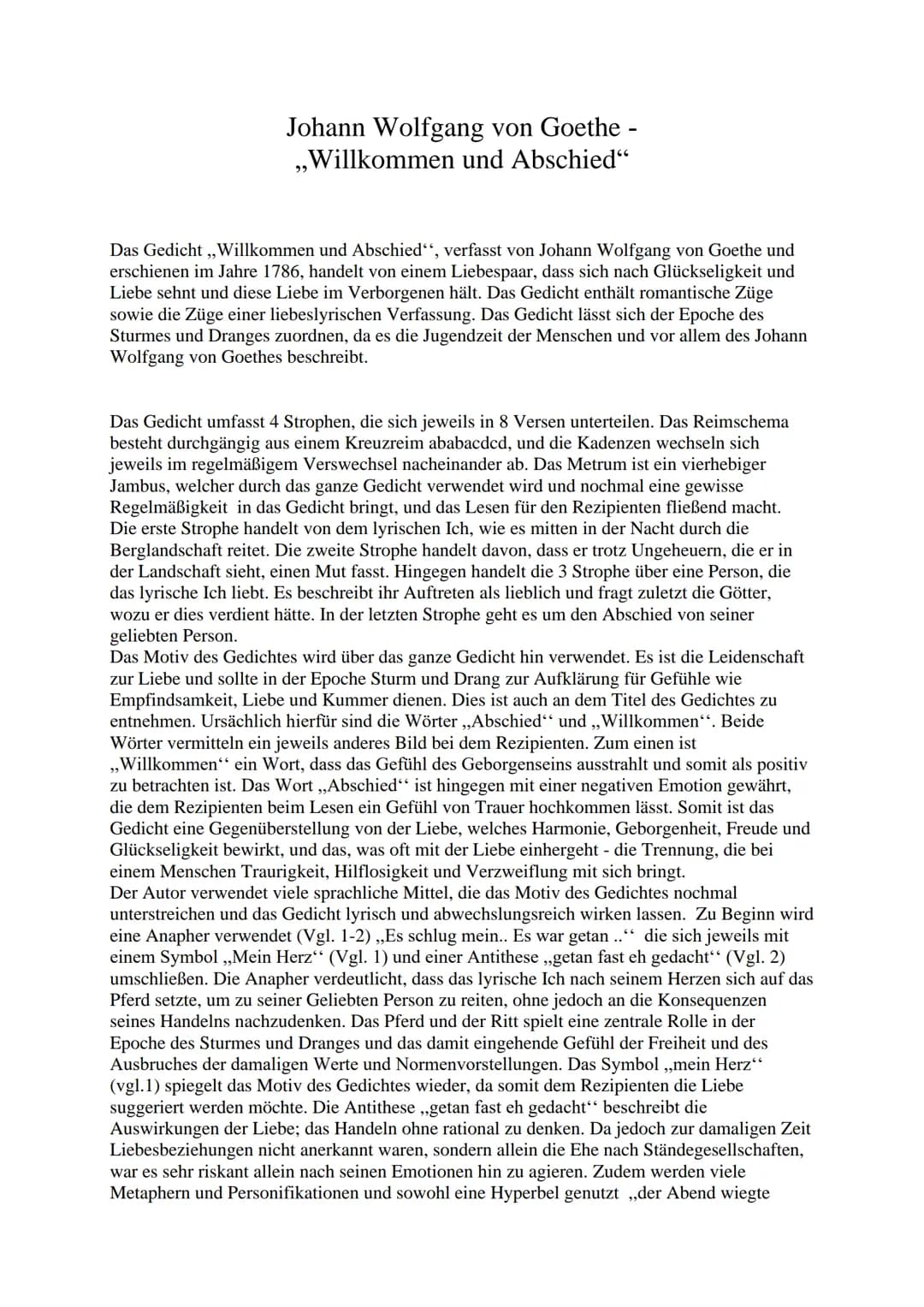 Johann Wolfgang von Goethe
„Willkommen und Abschied"
Das Gedicht, Willkommen und Abschied", verfasst von Johann Wolfgang von Goethe und
ers