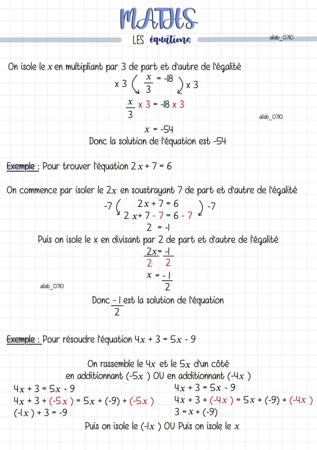 # MATHS
LES équations
alisb 0710
Définition: Une équation est une égalité entre deux expressions littérales.
x est appelé inconnue dans l'