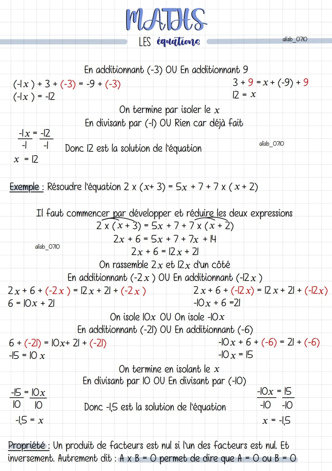 # MATHS
LES équations
alisb 0710
Définition: Une équation est une égalité entre deux expressions littérales.
x est appelé inconnue dans l'