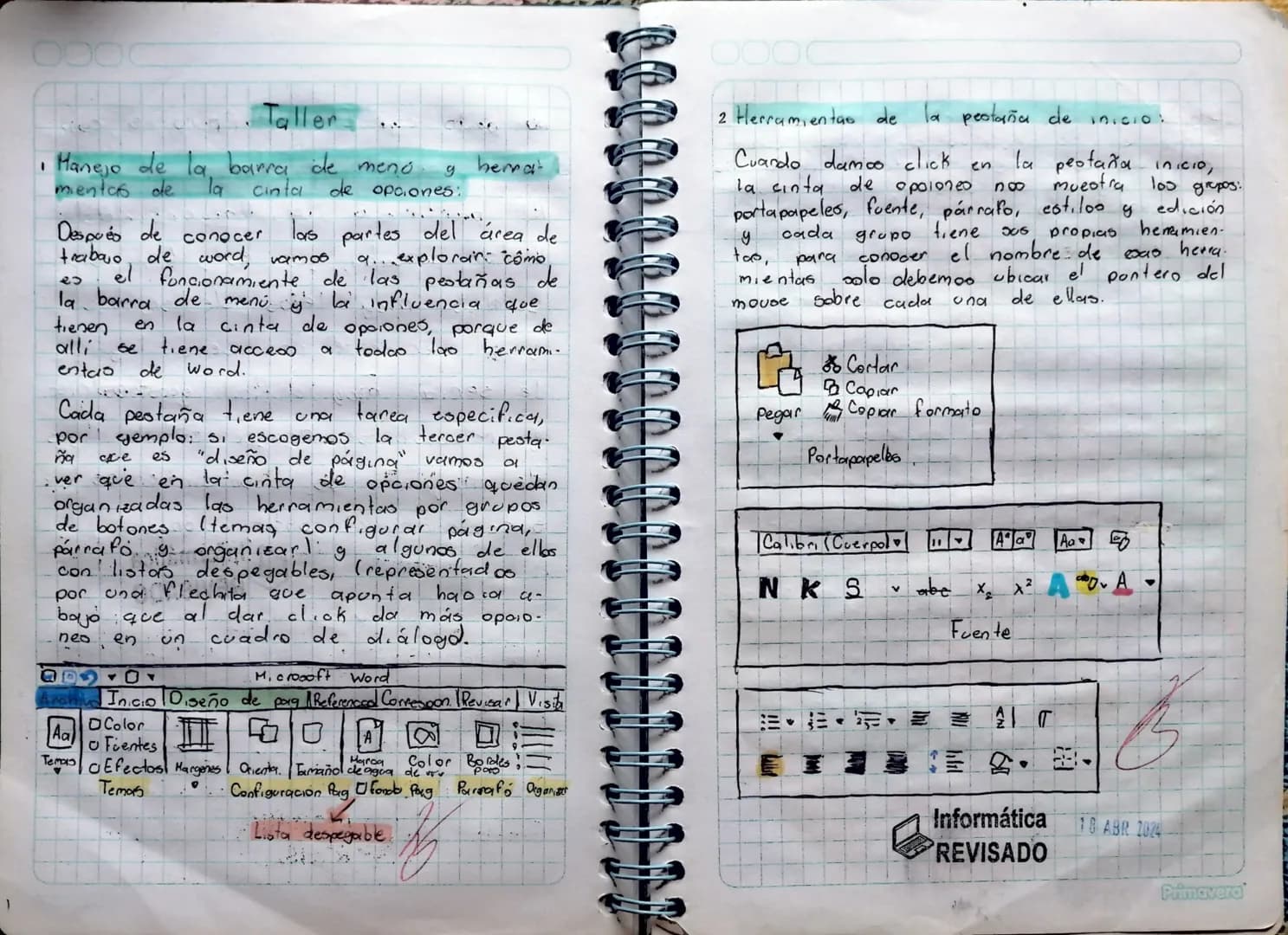 Taller...
g
• Manejo de la barra de meno berma
mientas de la cinta de opciones:
Después de conocer las partes del área de
trabajo de word