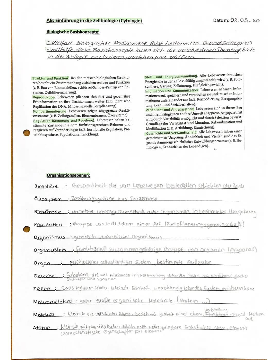 AB: Einführung in die Zellbiologie (Cytologie)
Biologische Basiskonzepte:
Datum: 02.09.20
- Vielfalt biologischer Phänomene folgt bestimmt