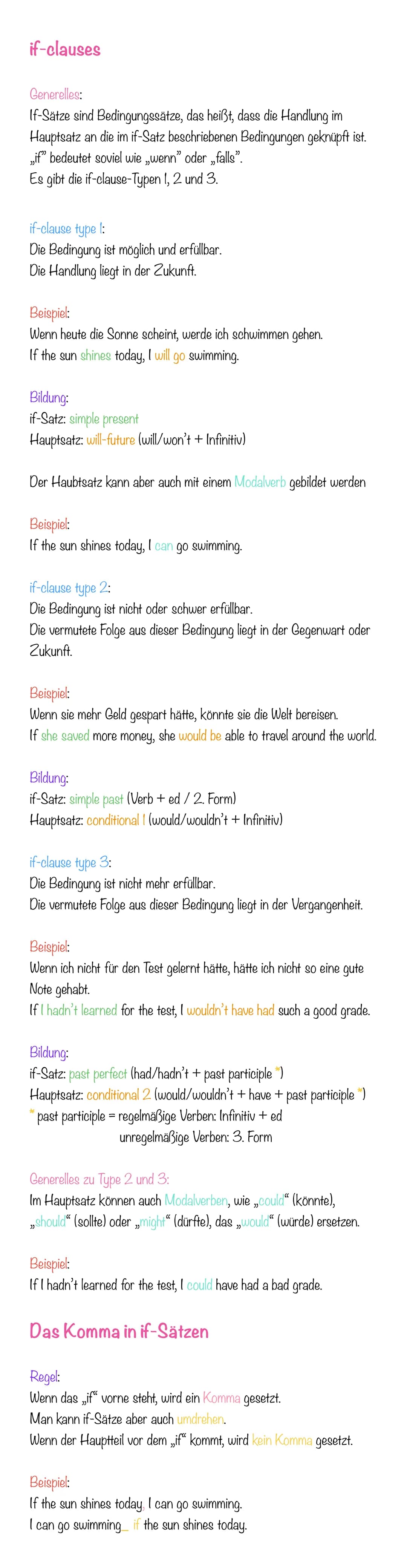 # if-clauses
Generelles:
If-Satze sind Bedingungssatze, das heißt, dass die Handlung im
Hauptsatz an die im if-Satz beschriebenen Bedingung