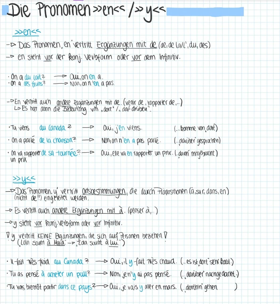 Die Pronomenen<< />»<«
>>en<<
-Das Pronomen, en vertritt Ergänzungen mit de (ae, de lall', du, des)
-→ en steht vor der konj. verbform oder