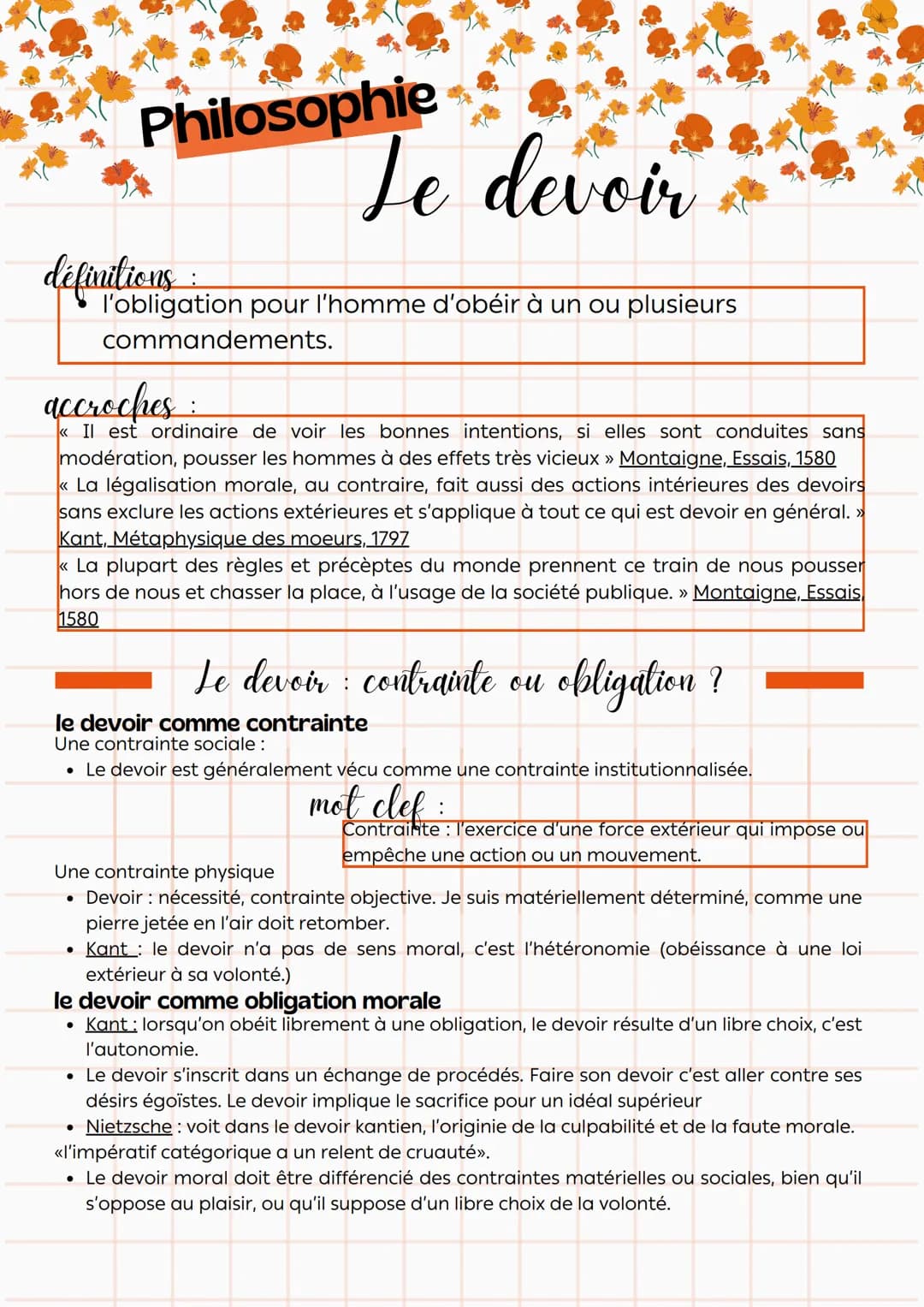 # Philosophie
Le devoir
definitions:
l'obligation pour l'homme d'obéir à un ou plusieurs
commandements.
accroches:
<< Il est ordinaire