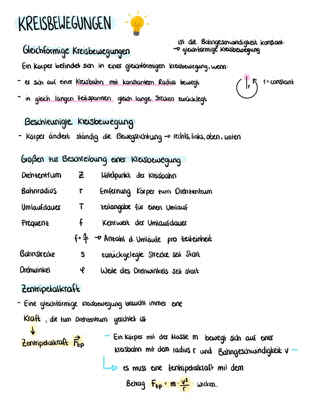 # KREISBEWEGUNGEN
## Gleichförmige Kreisbewegungen
१९ ist die Bahngeschwindigkeit konstant:
→ gleichförmige Kreisbewegung
Ein Körper befi