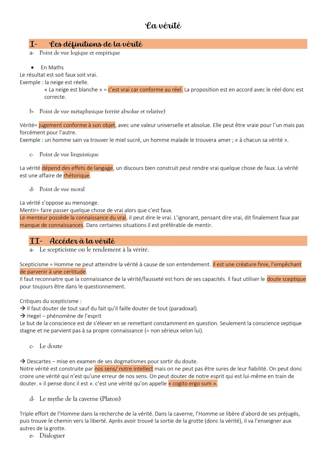 # La vérité
I- Les définitions de la vérité
a- Point de vue logique et empirique
* En Maths
Le résultat est soit faux soit vrai.