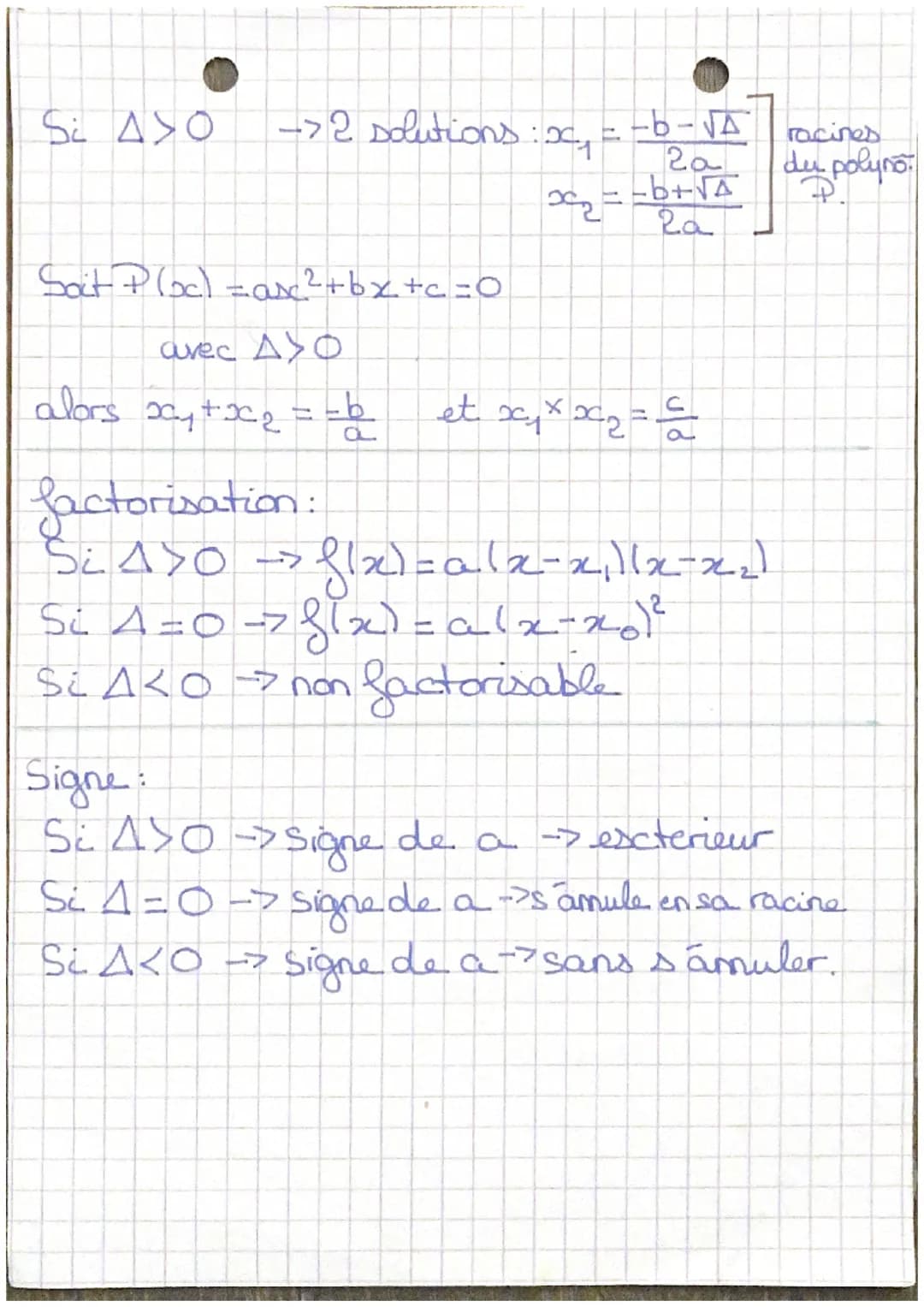 Hathématiques
Chap. 1: Le Second Degré
Fonction polynome:
forme der: $ax^2 + bx + c$
forme canonique: $a (x-\alpha)^2+\beta$
forme factori