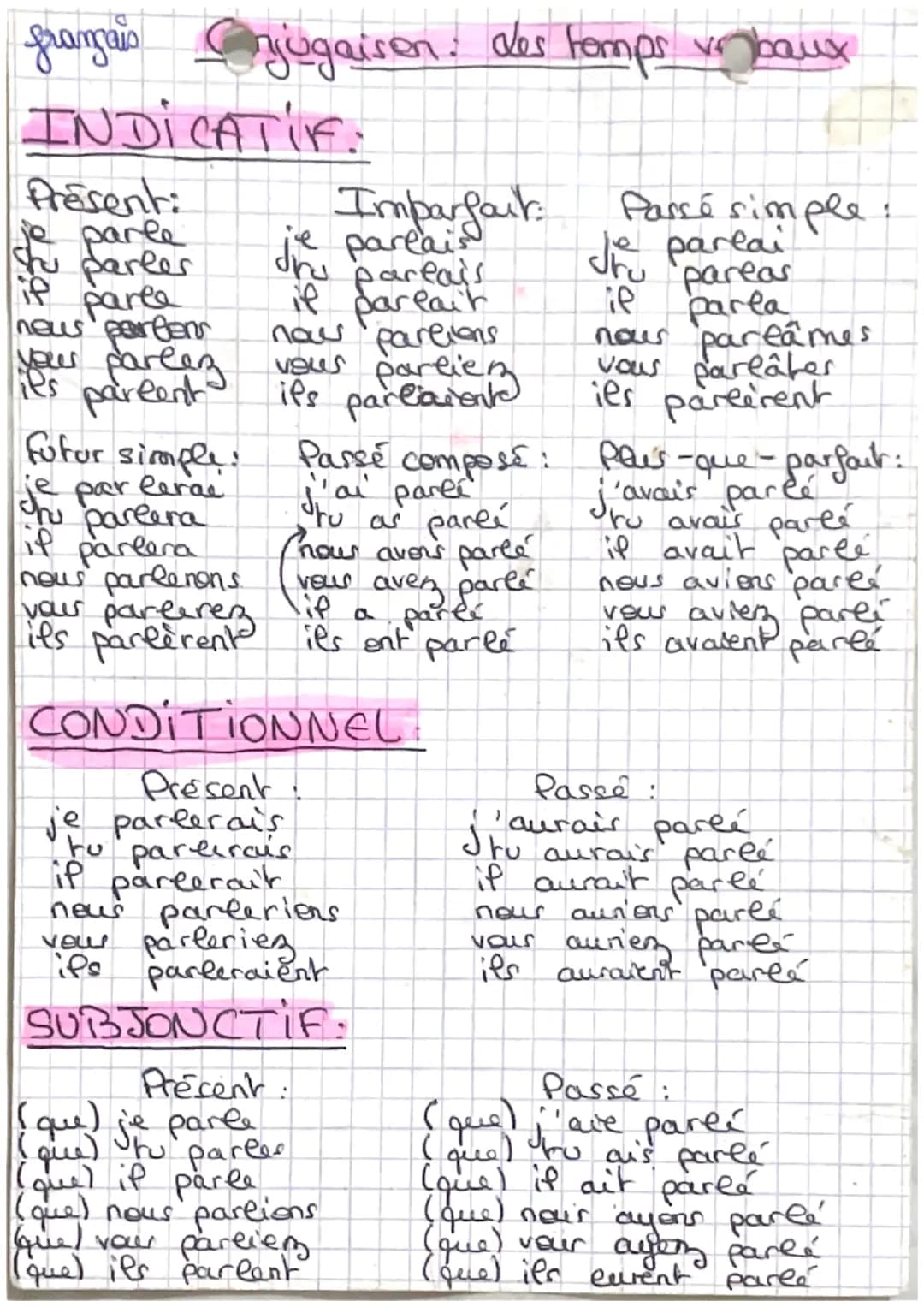 français Onjugaison: des temps vnbaux
INDICATIF:
Present:
je
Imparfait
the parees die pareain
pareais
nous parten
you parlez
ies pareent
no