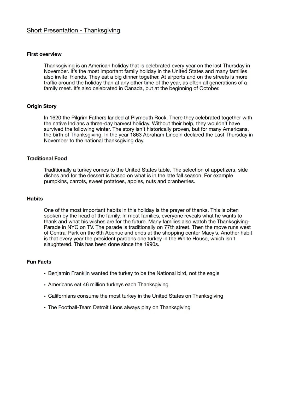 Short Presentation - Thanksgiving
First overview
Thanksgiving is an American holiday that is celebrated every year on the last Thursday in