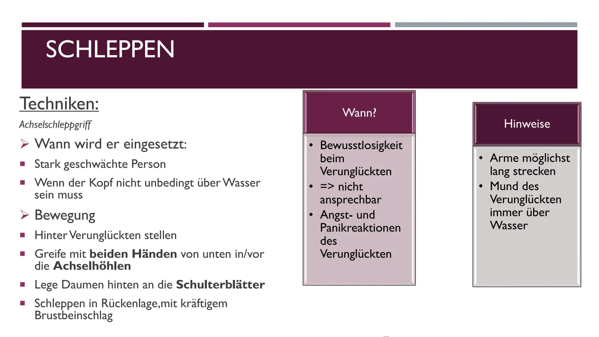TRANSPORTIEREN UND SCHLEPPEN ALLGEMEINES
> Was ist bei den Ausführungen aller Schleppgriffe immer gleich:
* Bei allen müssen Mund und Na