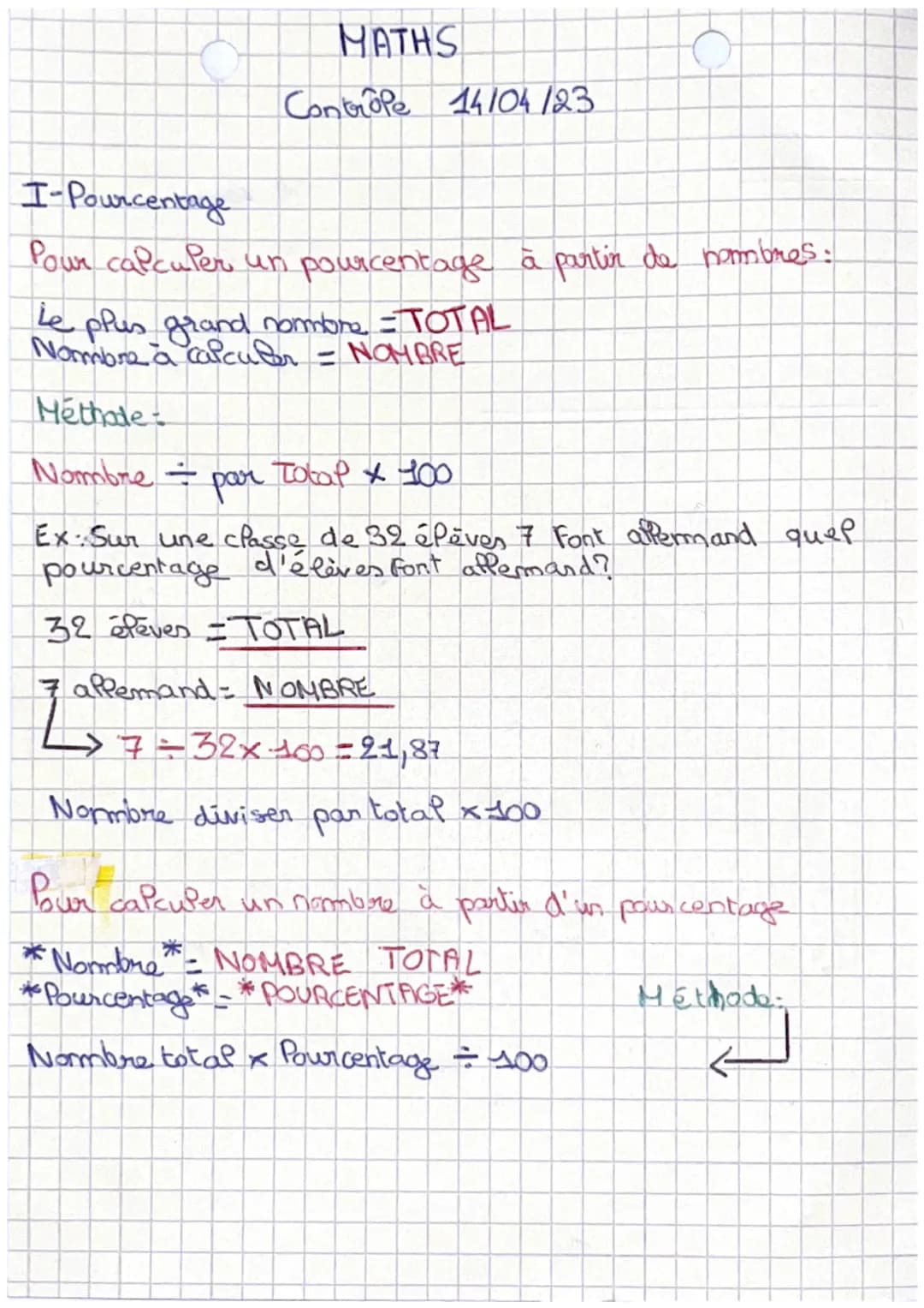 MATHS
Contrope 14/04/23
I-Pourcentage
Pour calculer un pourcentage à partir de nombres:
Le plus grand nombre = TOTAL
Nombre à calcutor =