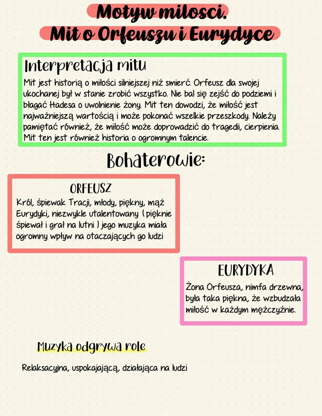 # Motyw milosci.
# Mit o Orfeuszu i Eurydyce
## Interpretacja mitu
Mit jest historią o miłości silniejszej niż smierć. Orfeusz dla swojej
uk
