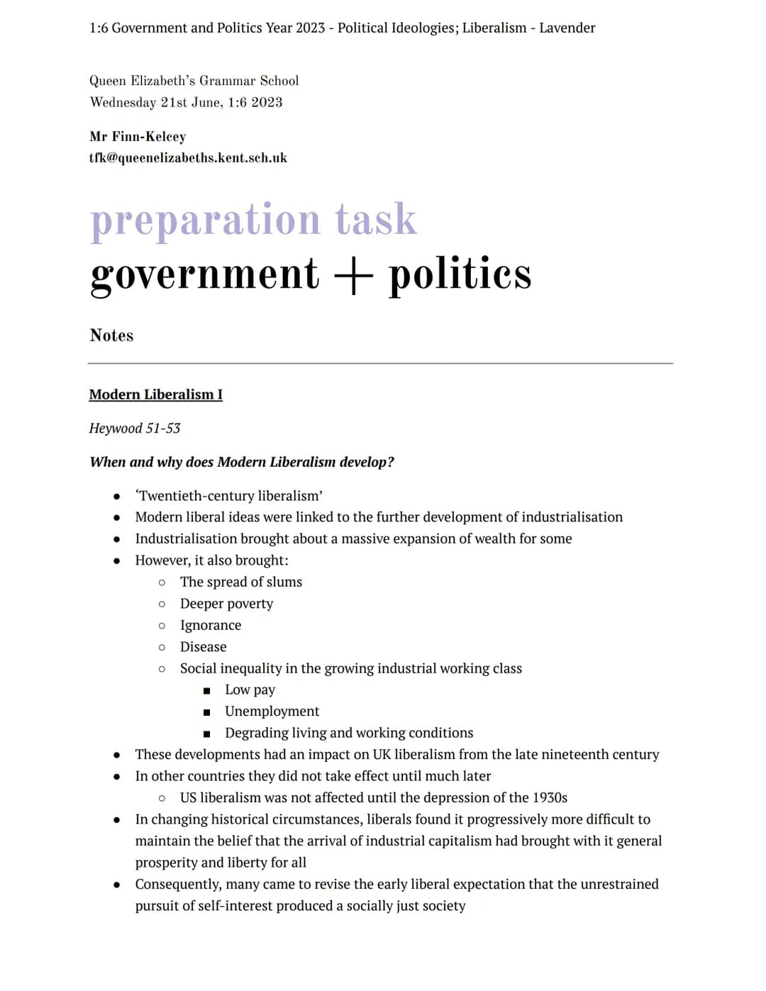 # 1:6 Government and Politics Year 2023 - Political Ideologies; Liberalism - Lavender
Queen Elizabeth's Grammar School
Wednesday 21st June,
