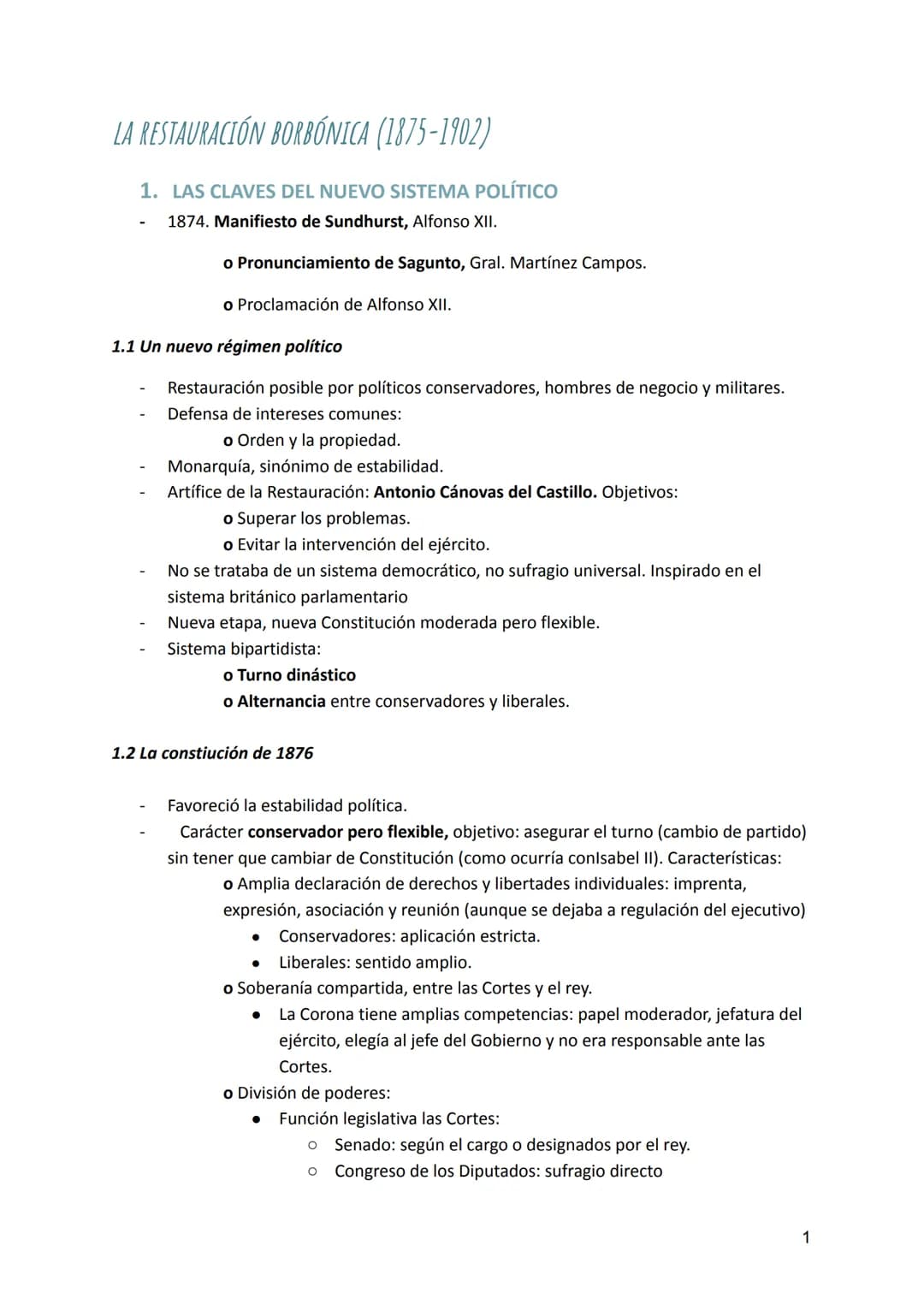 # LA RESTAURACIÓN BORBÓNICA (1875-1902)
1. LAS CLAVES DEL NUEVO SISTEMA POLÍTICO
- 1874. Manifiesto de Sundhurst, Alfonso XII.
o Pronun