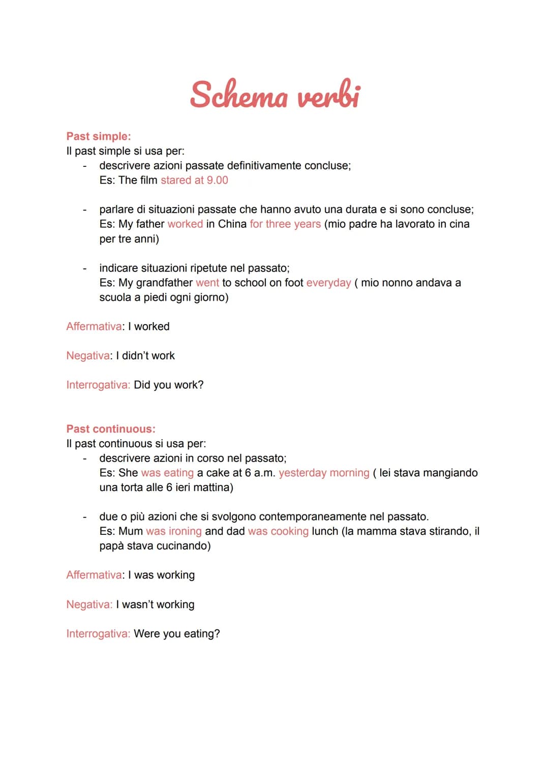 # Schema verbi
Past simple:
Il past simple si usa per:
- descrivere azioni passate definitivamente concluse;
- Es: The film stared at 9.00