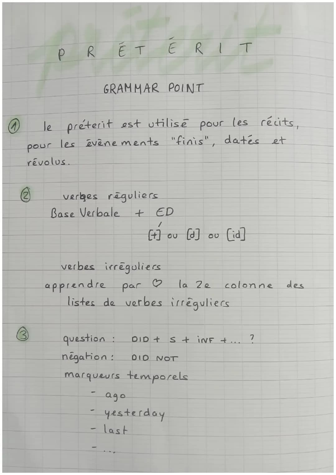 # PRÉTÉRIT
GRAMMAR POINT
① le préterit est utilisé pour les récits,
pour les évènements "finis", datés et
révolus.
② verges réguliers.
Ba
