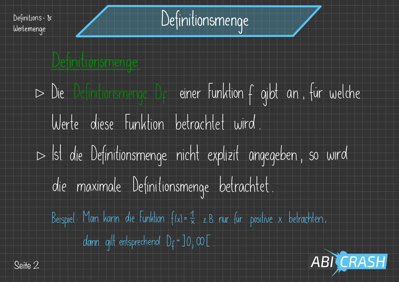 Definitions- &
Wertemenge
Definitionsmenge
Maximale Definitionsmenge
Die (größtmögliche) Menge aller x-Werte, die in einen
gegebenen Funk